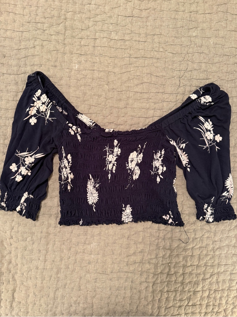 Black Floral Off-Shoulder Smocked Crop Top
